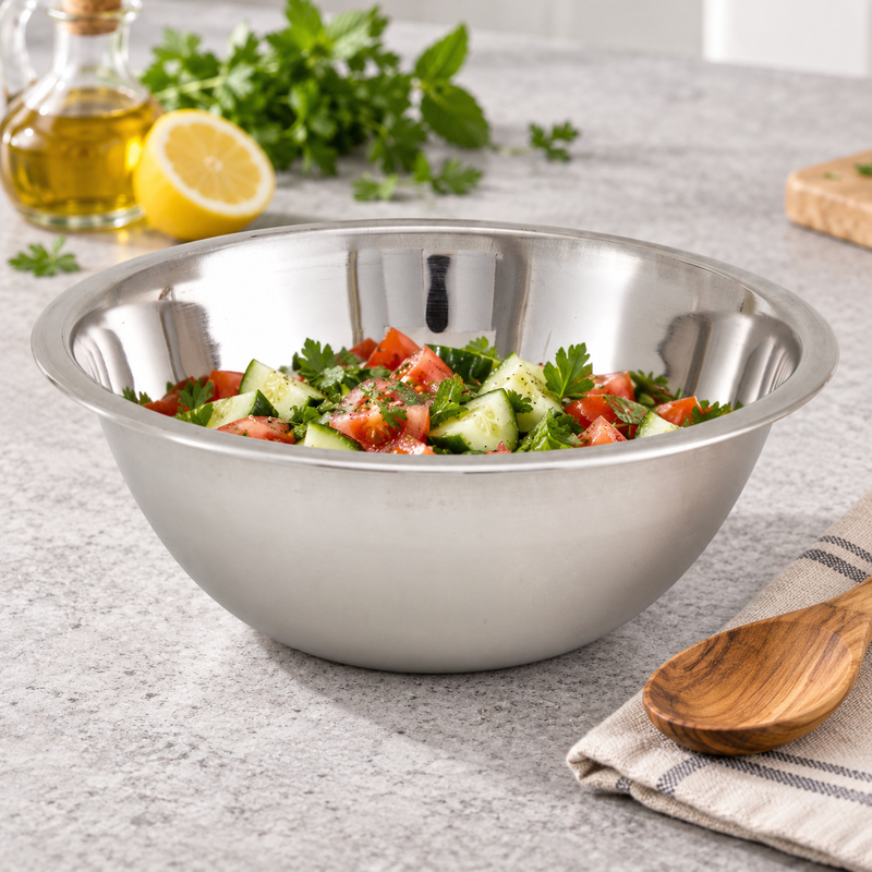 Chopped cucumber and tomato salad in MXB-300Q mixing bowl.