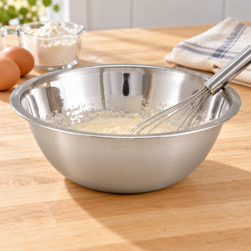 Pancake batter and whisk in MXB-300Q stainless mixing bowl.