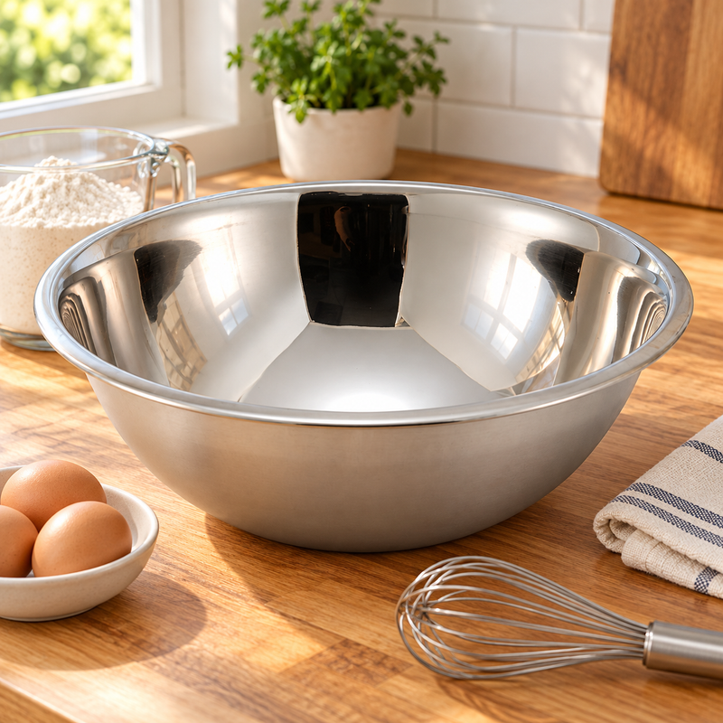 Empty MXB-800Q bowl beside separate flour measure, eggs and whisk.