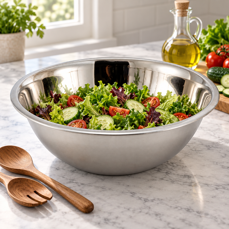 Leafy salad in MXB-800Q mixing bowl with separate salad utensils.