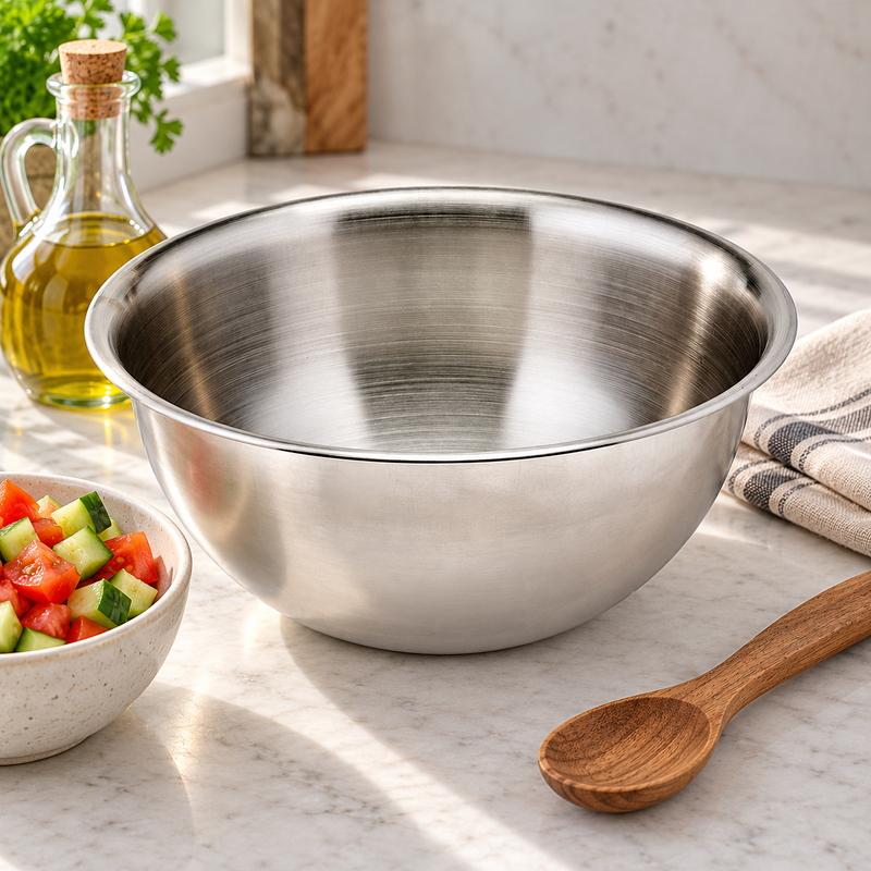 Empty MXBH-500 bowl beside separate chopped vegetables, oil and spoon.