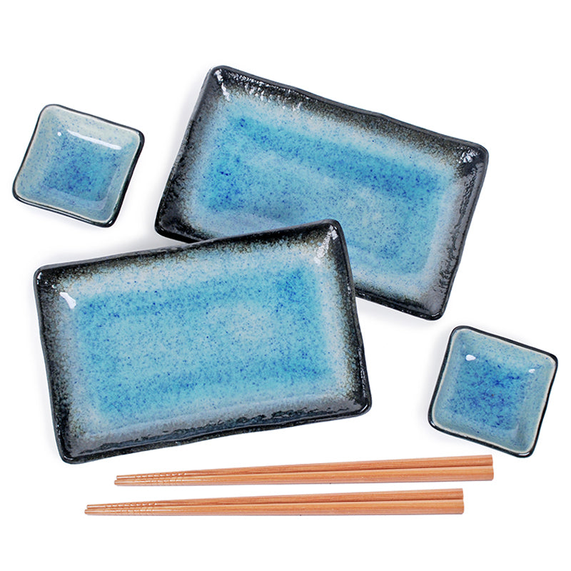 Rectangular 4-Piece Plate Set with Chopsticks, Blue