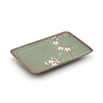 8.15" x 5.25" Rectangular Ceramic Plate, Green — Floral Design