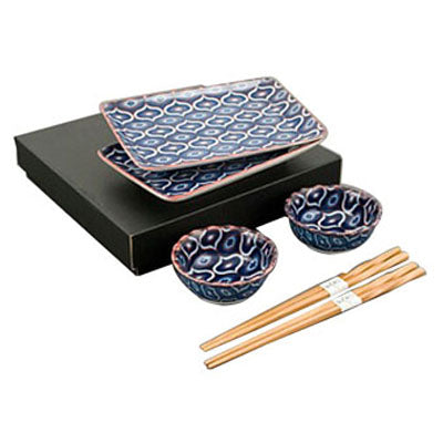 Ceramic 6-Piece Plate & Bowl Set with Chopsticks, Blue — Arabesque Design