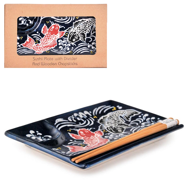 8" x 5" Rectangular Ceramic, Wood Divided Plate with Chopsticks, Blue
