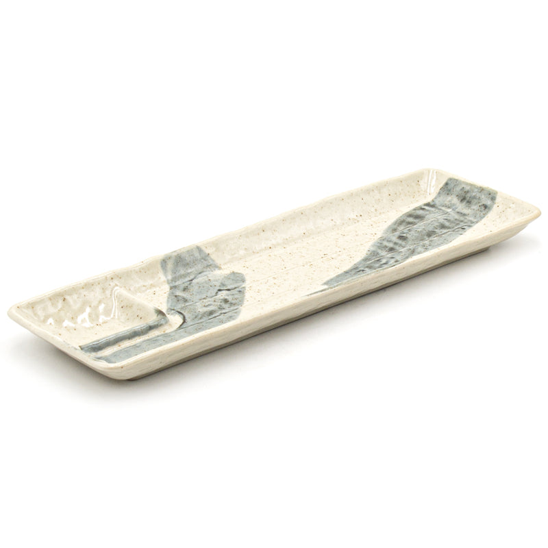 Beige and blue-gray ceramic rectangular platter with raised interior contours
