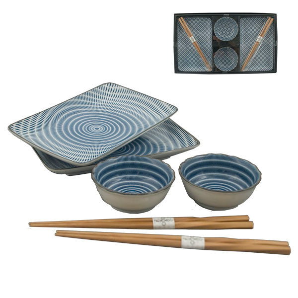 Ceramic, Wood 6-Piece Plate & Bowl Set with Chopsticks, Blue, White