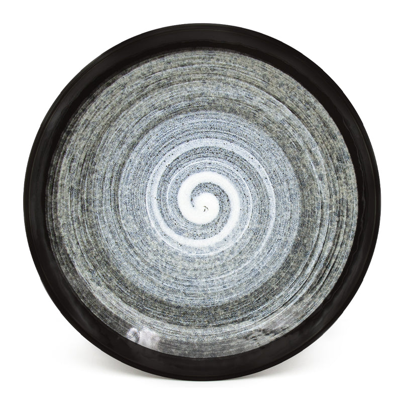 K210-F black and gray spiral ceramic plate, top view