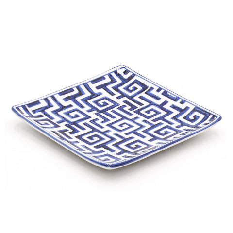 6.35" Square Ceramic Plate, White, Blue