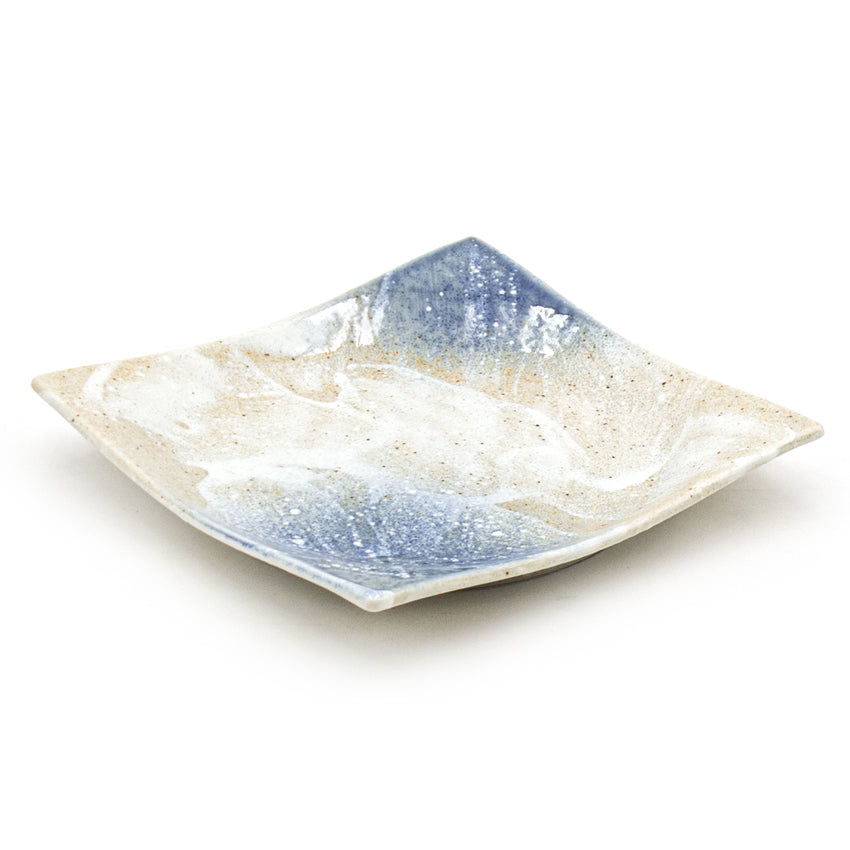 6.75" Square Ceramic Plate, Beige, Blue