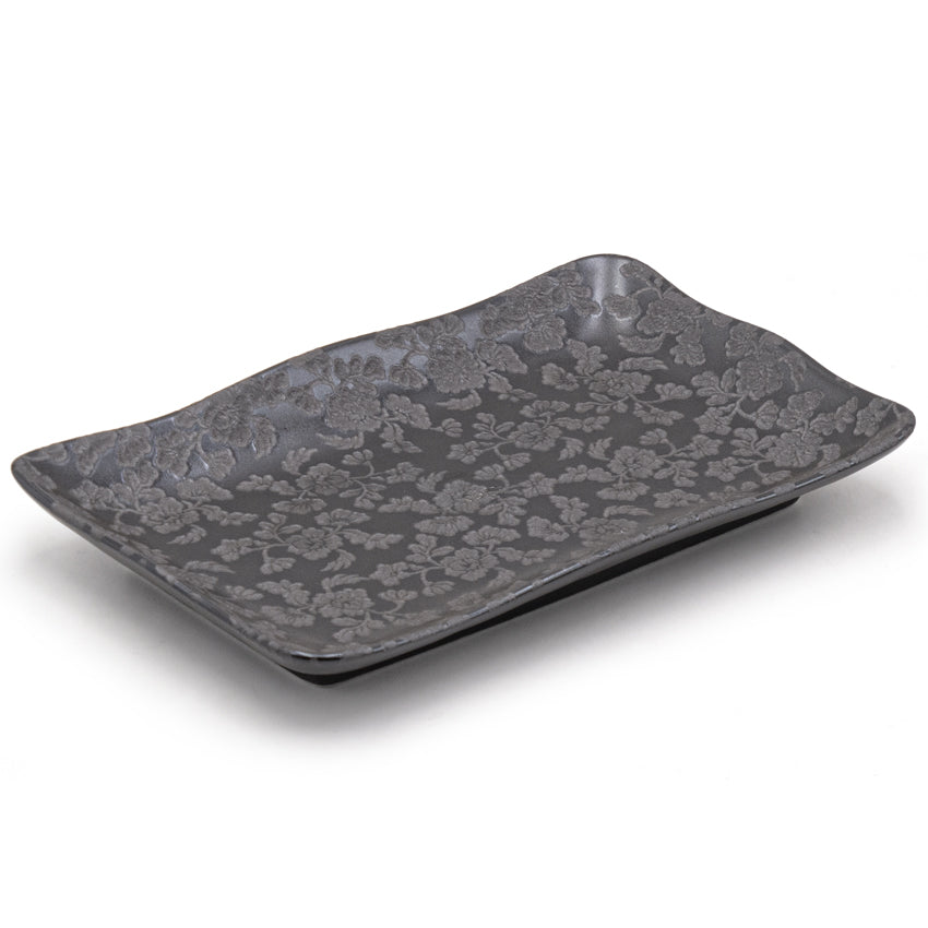8.65" x 5.35" Rectangular Ceramic Plate, Dark Brown — Floral Design