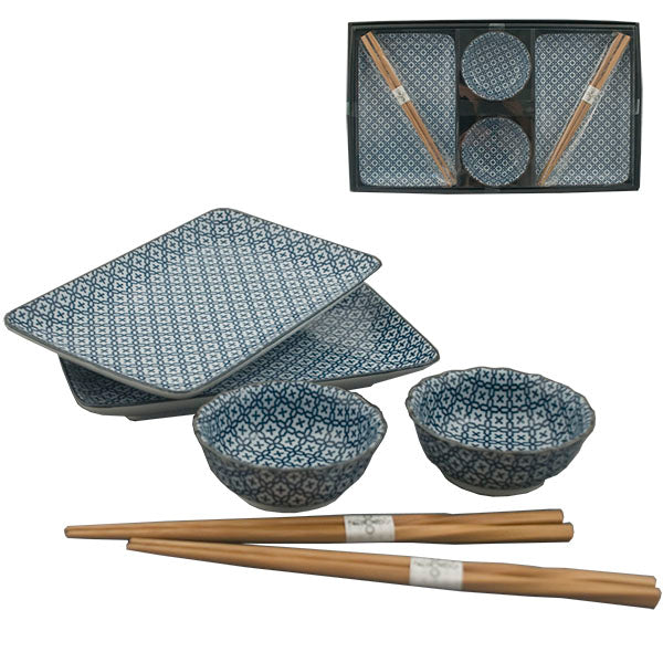 Ceramic, Wood 6-Piece Plate & Bowl Set with Chopsticks, Blue, White — Floral Design
