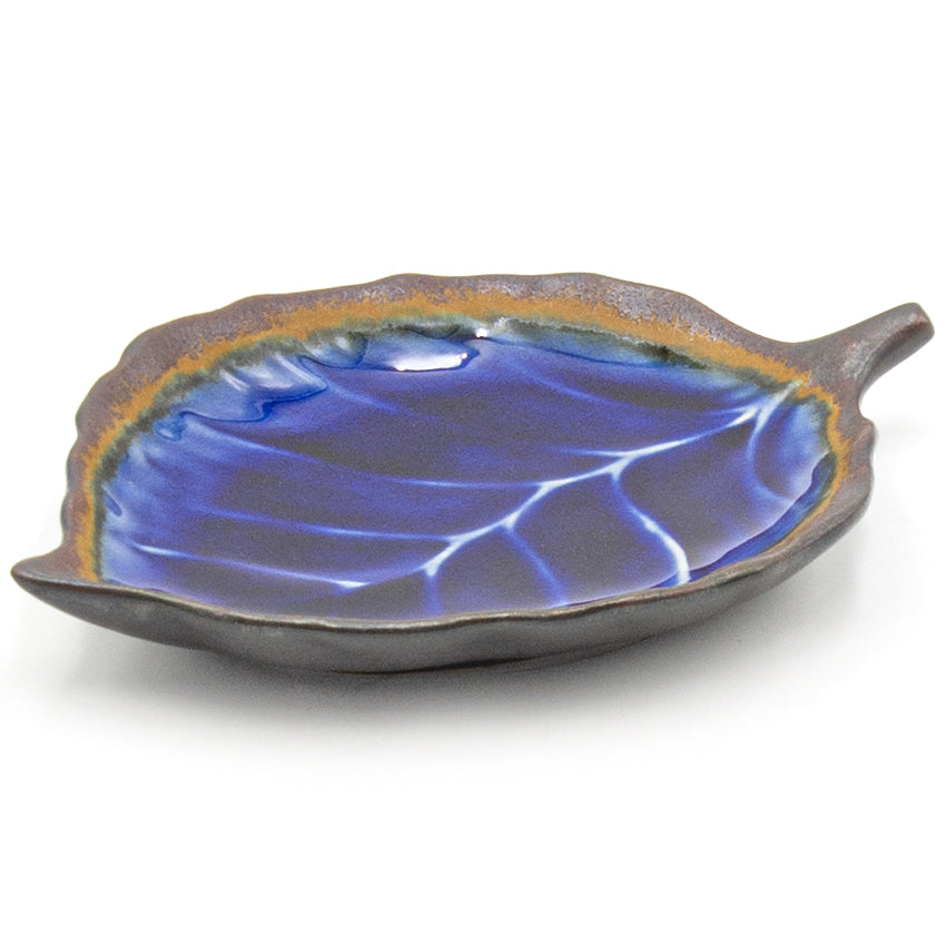 8" x 5.5" Leaf Ceramic Plate, Sapphire, Dark Brown