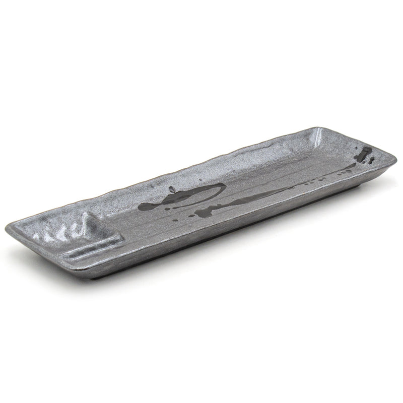 Dark brush-pattern ceramic rectangular platter with raised interior contours