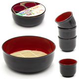Lacquered Plastic, Bamboo 6-Piece Soba Bowl & Cup Set with Bamboo Mat, Black, Red