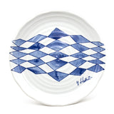 9-3/4" Round Ceramic Plate, Blue, White — Blue Grid Pattern Design