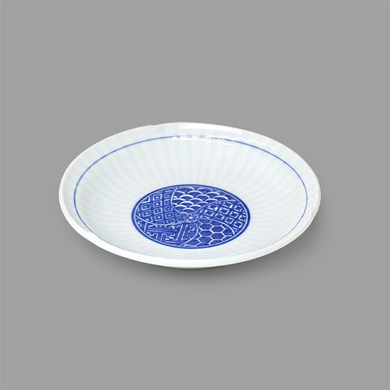 6-1/4" Round Ceramic Plate, White, Blue