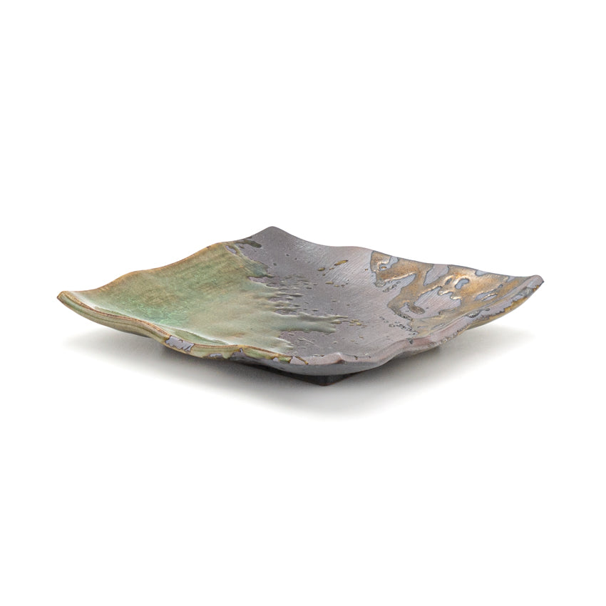6.25" Square Ceramic Plate, Green, Gold, Brown