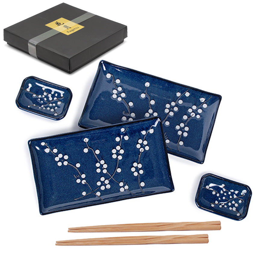 Ceramic, Wood 6-Piece Sushi Plate & Dish Set with Chopsticks, Blue