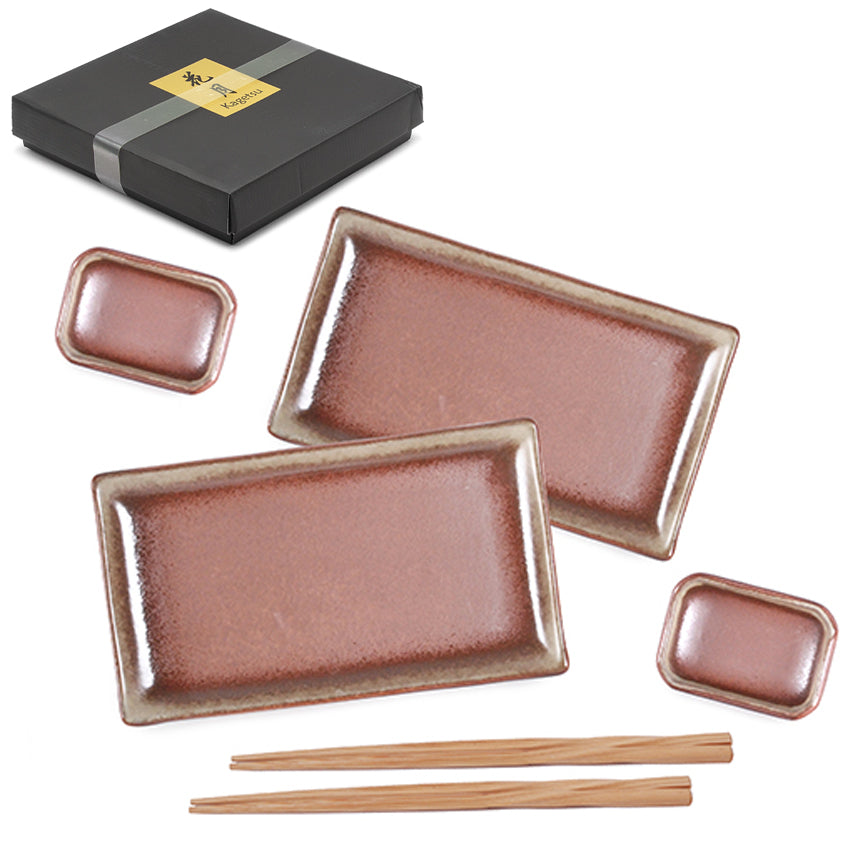 Ceramic, Wood 6-Piece Sushi Plate & Dish Set with Chopsticks, Brown