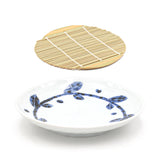 Ceramic, Bamboo 10-Piece Soba Plate & Cup Set with Bamboo Mat, White, Blue — Arabesque Design