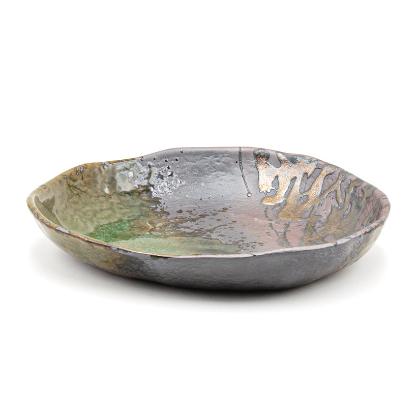 10.25" Triangular Ceramic Plate, Green, Gold, Brown