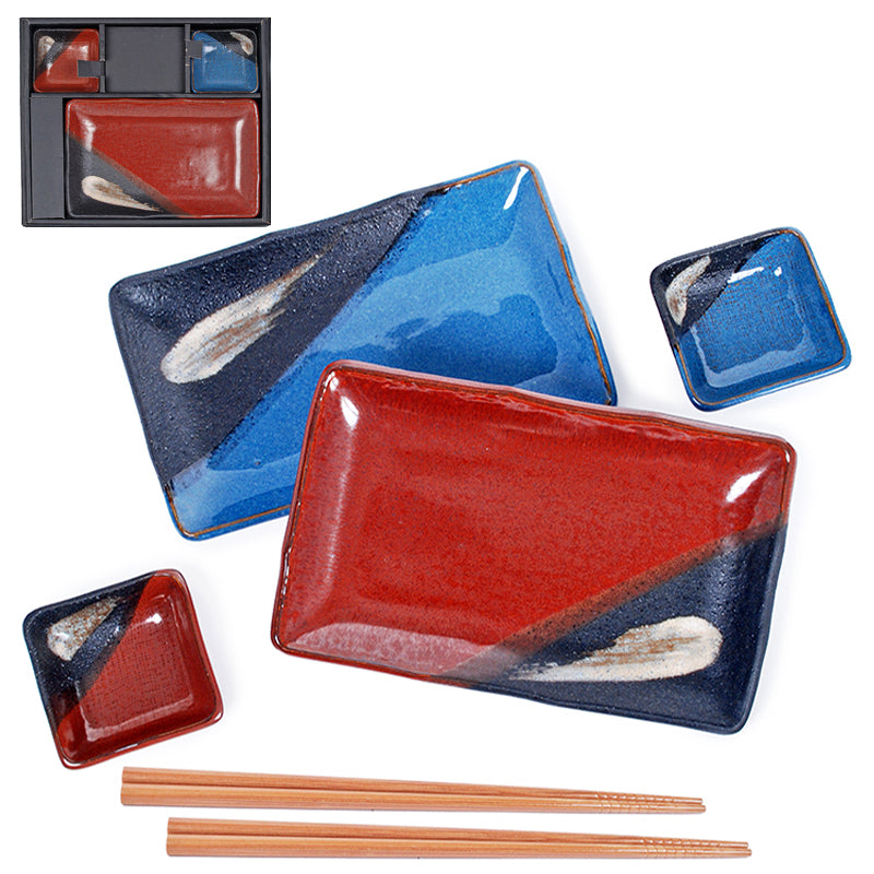 Porcelain 6-Piece Plate & Dish Set with Chopsticks, Blue, Red
