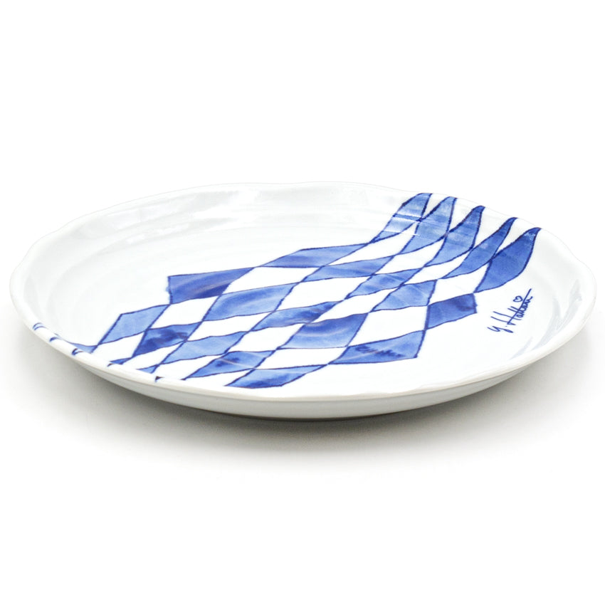 9-3/4" Round Ceramic Plate, Blue, White — Blue Grid Pattern Design