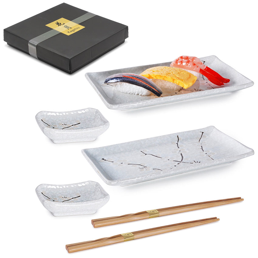 Ceramic, Wood 6-Piece Sushi Plate & Dish Set with Chopsticks, White — Sakura Design