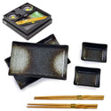 Ceramic, Wood 6-Piece Sushi Plate & Dish Set with Chopsticks, Black