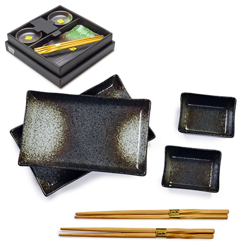 Ceramic, Wood 6-Piece Sushi Plate & Dish Set with Chopsticks, Black
