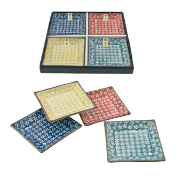 4.75" Square 4-Piece Plate Set, Blue, Red, Yellow, Green — Floral Design