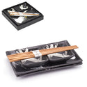 Ceramic, Wood 4-Piece Plate & Dish Set with Chopsticks, Black, White — White Brushstroke Design