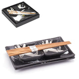 Ceramic, Wood 4-Piece Plate & Dish Set with Chopsticks, Black, White — White Brushstroke Design