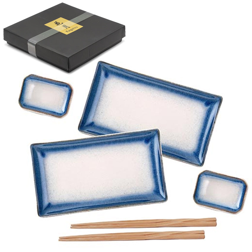Ceramic, Wood 6-Piece Sushi Plate & Dish Set with Chopsticks, Blue