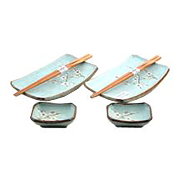 Rectangular Porcelain 4-Piece Plate Set with Chopsticks, Blue