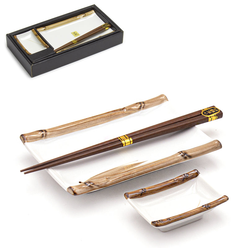 6-3/4" x 4-1/2" Porcelain 2-Piece Plate & Dish Set with Chopsticks, White, Brown