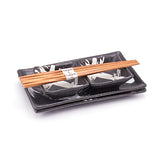 Ceramic, Wood 4-Piece Plate & Dish Set with Chopsticks, Black, White — White Brushstroke Design