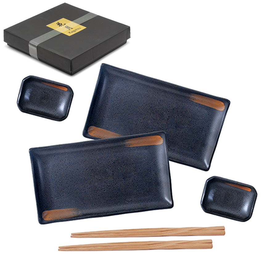 Ceramic, Wood 6-Piece Sushi Plate & Dish Set with Chopsticks, Navy, Blue