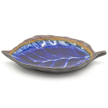 8" x 5.5" Leaf Ceramic Plate, Sapphire, Dark Brown