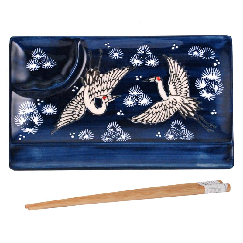 8 × 5 in Blue Crane Sushi Plate with Wooden Chopsticks — SFP3-5932