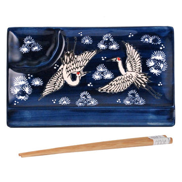 8" x 5" Rectangular Ceramic, Wood Divided Plate with Chopsticks, Blue