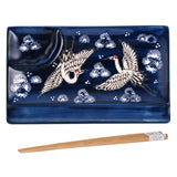 8" x 5" Rectangular Ceramic, Wood Divided Plate with Chopsticks, Blue