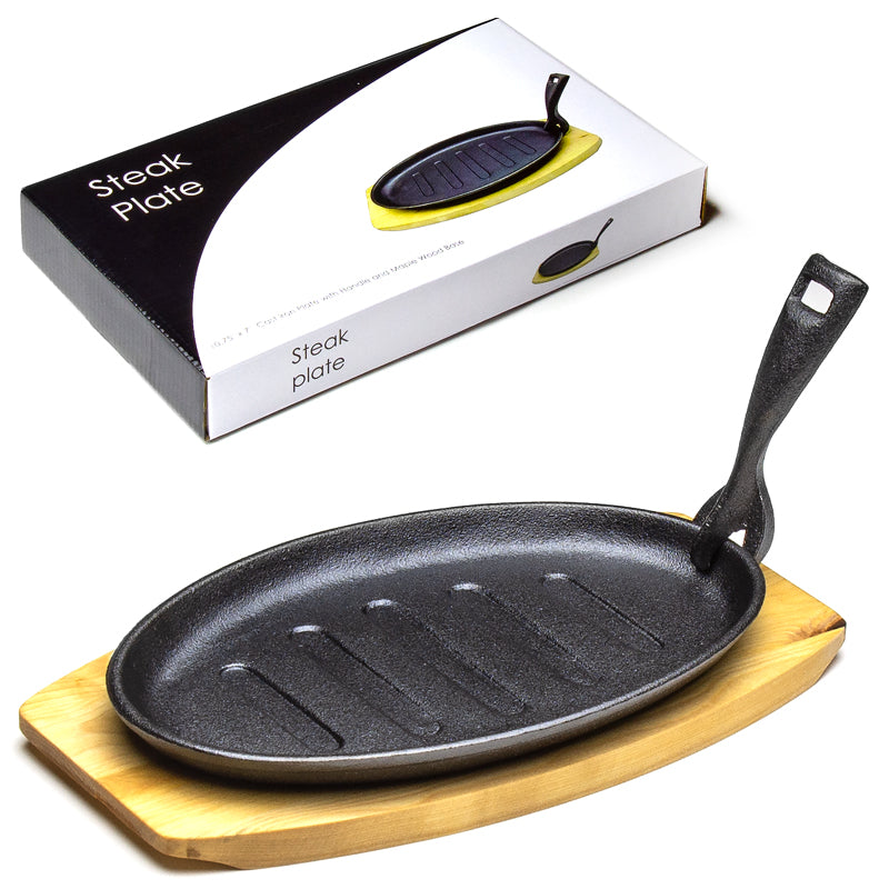10.75" Oval Iron Steak Plate with Wood Base & Holder, Black