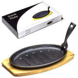 10.75" Oval Iron Steak Plate with Wood Base & Holder, Black