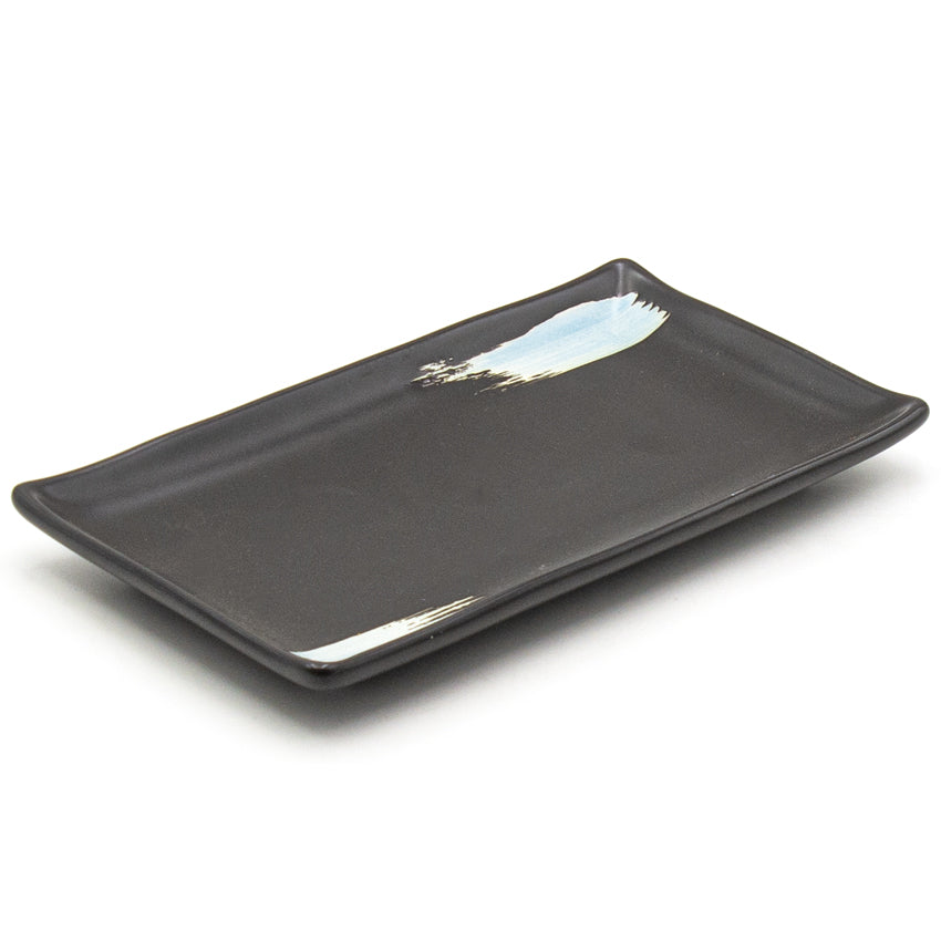 8.85" x 5" Rectangular Ceramic Sushi Plate, Black, Blue