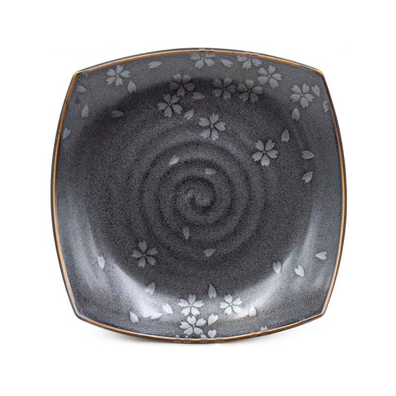 SY27-B black floral square plate, overhead view of the full blossom pattern