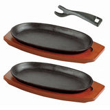 Oval Iron, Wood 2-Piece Steak Plate Set with Wood Tray, Black