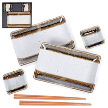 Porcelain 6-Piece Sushi Plate, Dish & Saucer Set with Chopsticks, White, Green