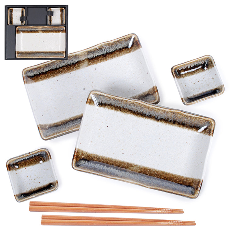 Porcelain 6-Piece Sushi Plate, Dish & Saucer Set with Chopsticks, White, Green